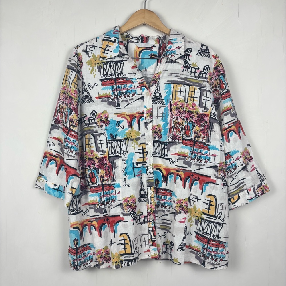 CJ Banks Women’s Paris Cafe Scene Button Up Shirt Graphic Print 3/4 Sleeve Top